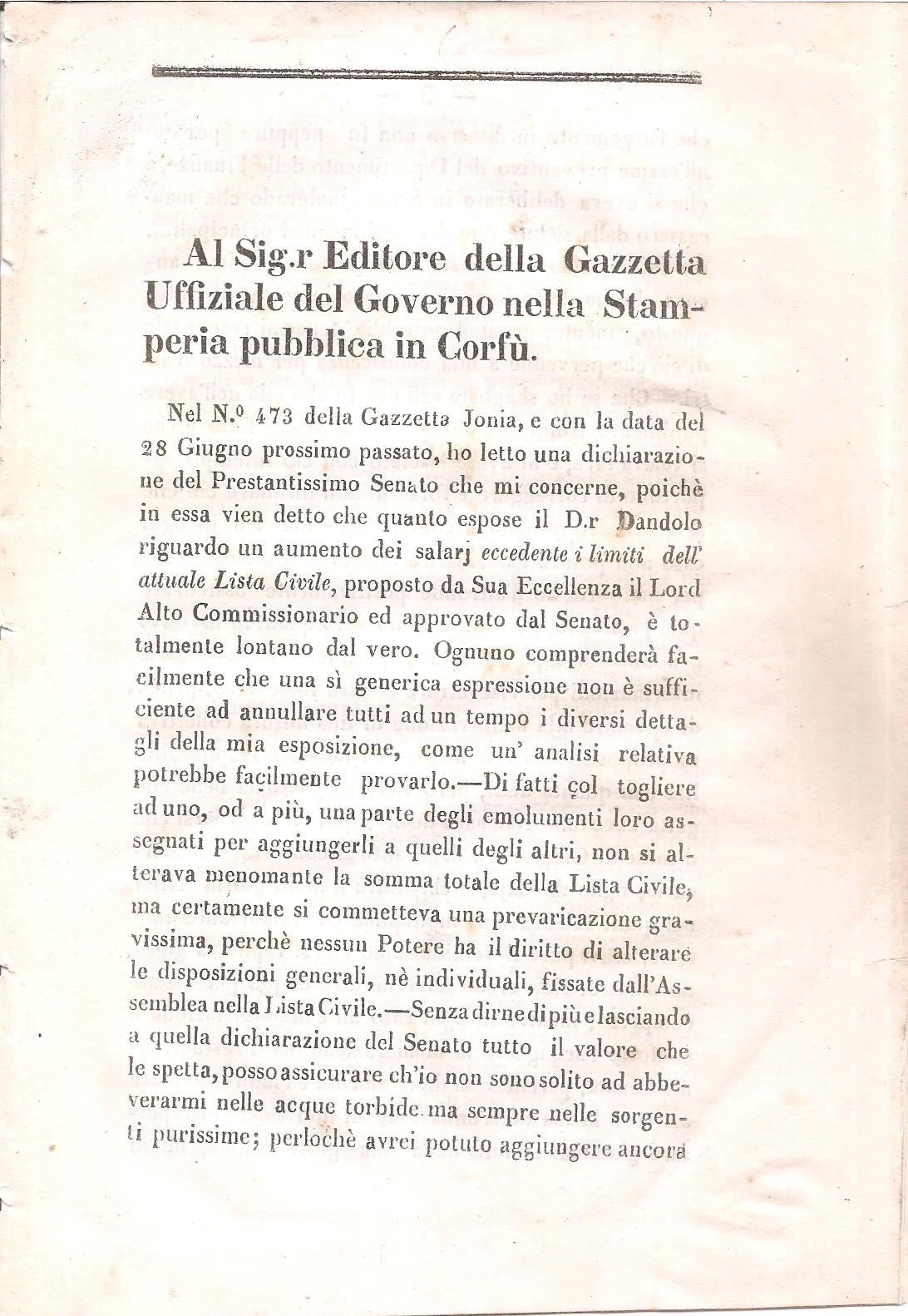 Al Sig.r Editore della Gazzetta Uffiziale del Governo nella Stamperia pubblica in Corfù.